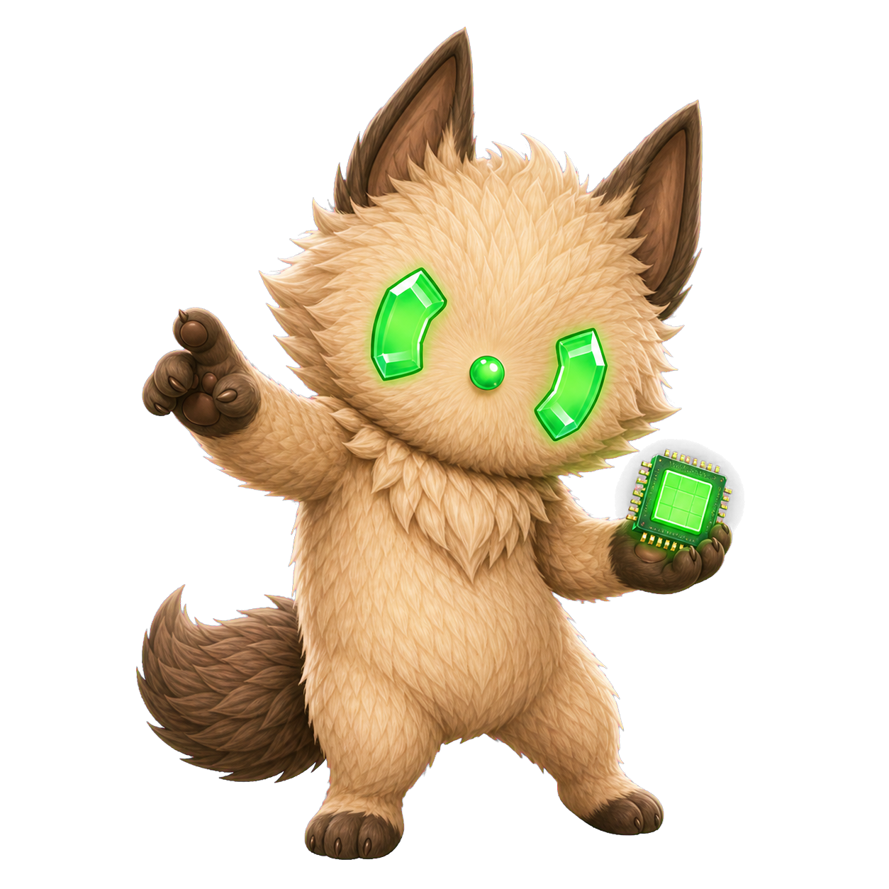 vibemon GlitchCat mascot holding a glowing processor chip